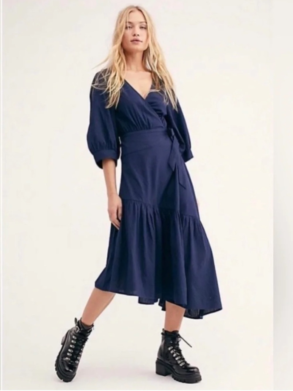 Free people linen blue puff sleeve wrap midi dress Cottagecore romantic fall